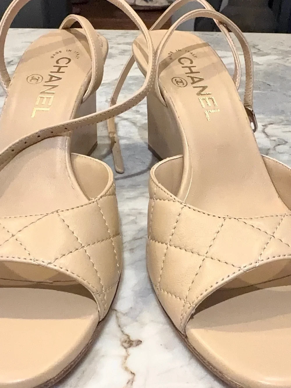 CHANEL Beige Quilted Leather Open-Toe wedge sandal
